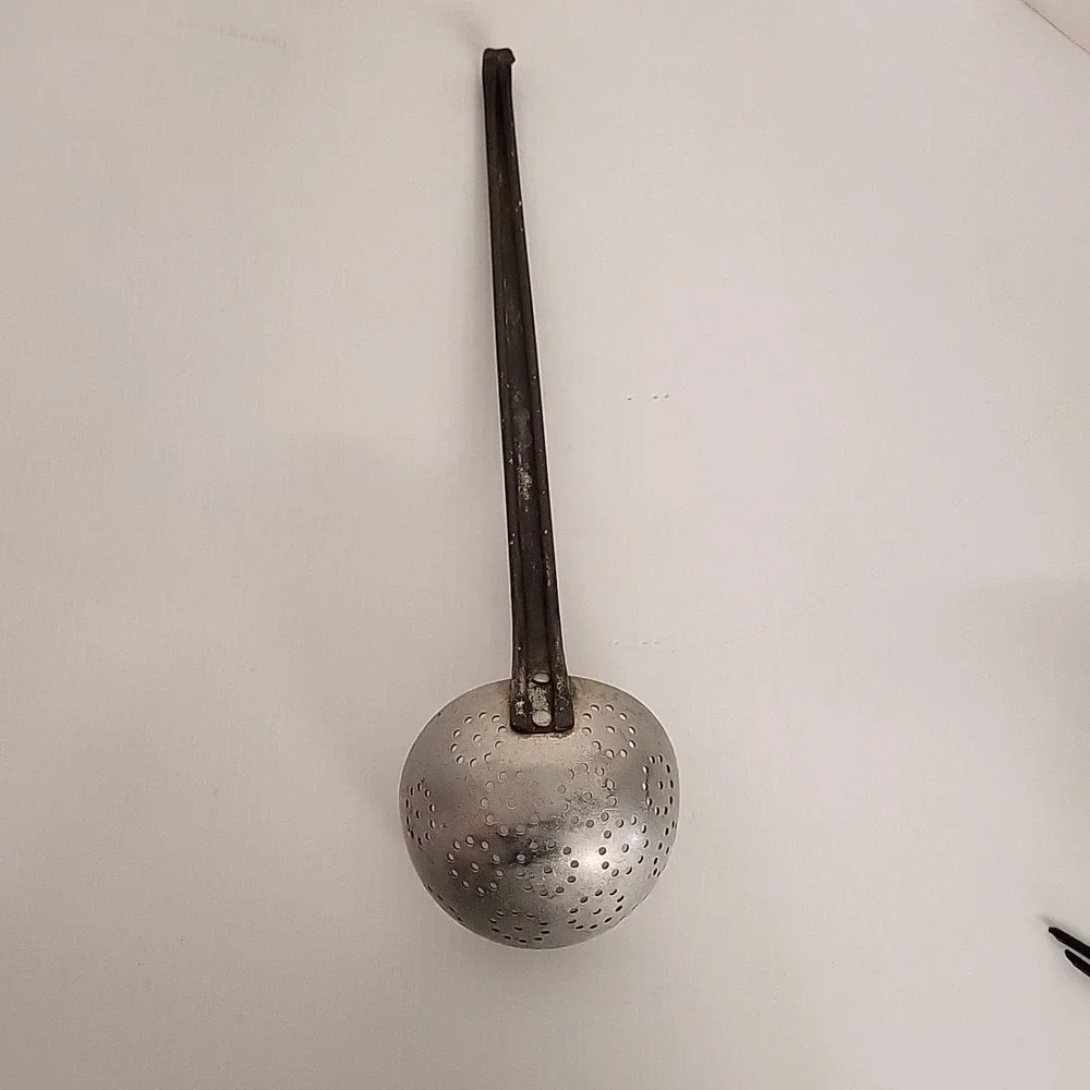 Antique Gray Perforated Dipper  Enamelware Kitchen Ladle